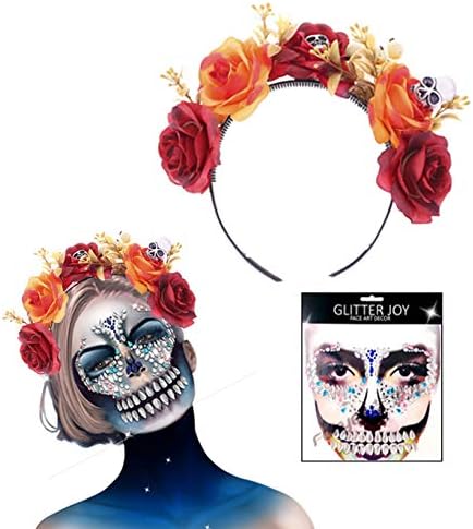 Yinxiang JieHalloween Headbands Day of The Dead Headband Floral Crown Headband Halloween Face Jewels Tattoo Stickers for Halloween Party Supplies
