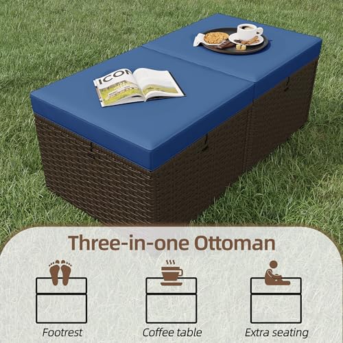 Image of HOMREST 3 Piece Patio Rattan Ottomans Set,Outdoor PE Wicker Footstool w /Removable Cushion, Storage Coffee Table & Multipurpose Footrest Stool for Porch, Poolside, Garden, Deck(Navy Blue) | Outdoor PE Wicker