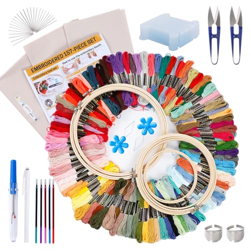 Image of BERYA 157 Pieces Cross Stitch Tools, Embroidery Starter Kit Including 100 Colors Threads, 5 Embroidery Hoops, 3 Pcs Cloth, Threading Tools and More, Hand Embroidery Floss Set for Adults and Beginners