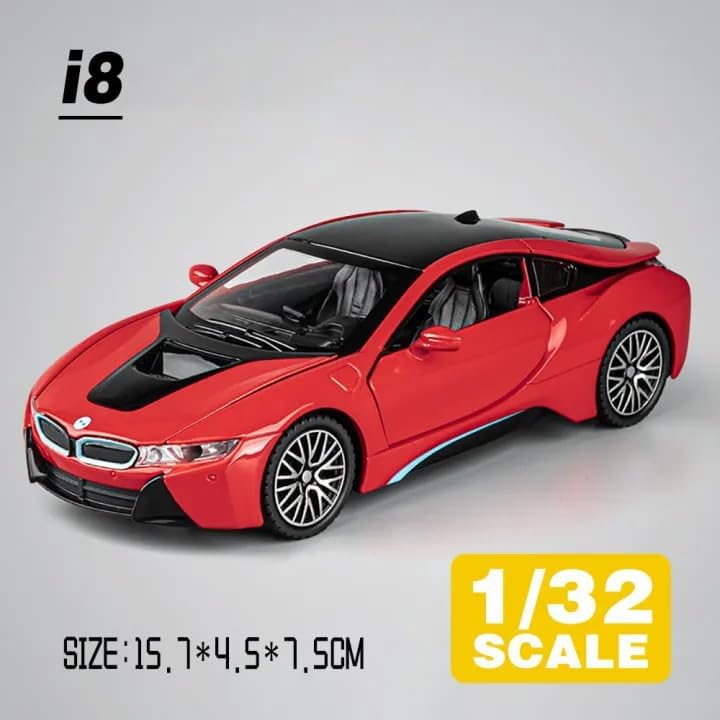 Image of WORSHIPER 1:32 B-M-W i8 Toy Car Metal Pull Back Diecast Car with Openable Door and Sound Light, Gifts Toys for Kids (1:32 B -M-W i8 -Red Color)