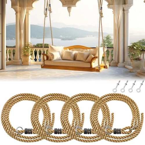 Seenelling 4 Pack Porch Swing Rope Kit Swing Bed Straps Holds 800 Lbs Adjustable Polypropylene Rope Heavy Duty Carabiners for Porch Garden Playground(Brown 118 Inches 10 ft)