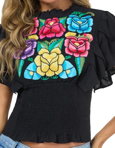 Women's Boho Shirts Floral Embroidered Ruffle Short Sleeve Frill Mock Neck Dressy Casual Summer Peasant Blouses Crop Tops2