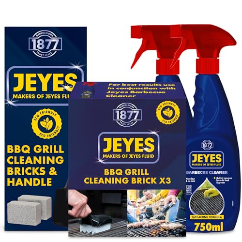 Jeyes Premium BBQ Cleaning Kit 2x BBQ Cleaner Sprays Grill Brick & Handle Plus 3x Brick Refills Complete Barbecue Oven Cleaner Kit for Outdoor Grills Cuts Through Grease & Burnt-On Food Fast