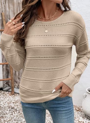 Image of SHEWIN Women's Sweaters Crew Neck Crochet Sweater Lightweight Knit Long Sleeve Tops Shirts Loose Fit Spring 2026
