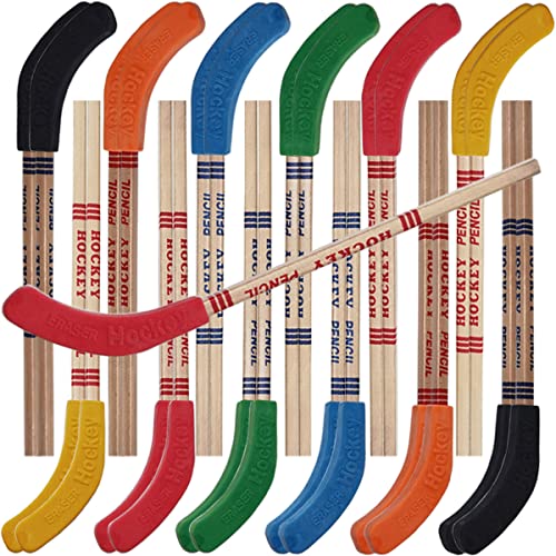 TIHOOD 24PCS Hockey Pencils and Erasers - Bulk 9 Inch Hockey Stick Sports Theme Party Supplies Fun Cool Pencils for Hockey Fans Students Stocking Stuffers and Goodie Bag Birthday Party Favors