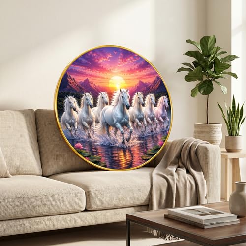 Image of SAF 7 Horse Vastu Round Wall Painting with Premium PVC Golden Frame, White Running Horses Mountain Sunrise Lake Art for Living Room Office Home Decor Gift (16 x 16 Inch) GRM-441