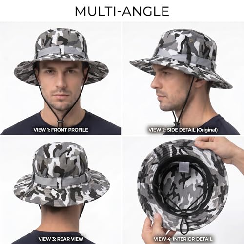 Image of Kraptick Wide Brim Sun Hat for Men - Outdoor Tactical Boonie Hat with Adjustable Chin Strap, Breathable Trekking Cap for Hiking, Fishing, Safari & Jungle Adventures