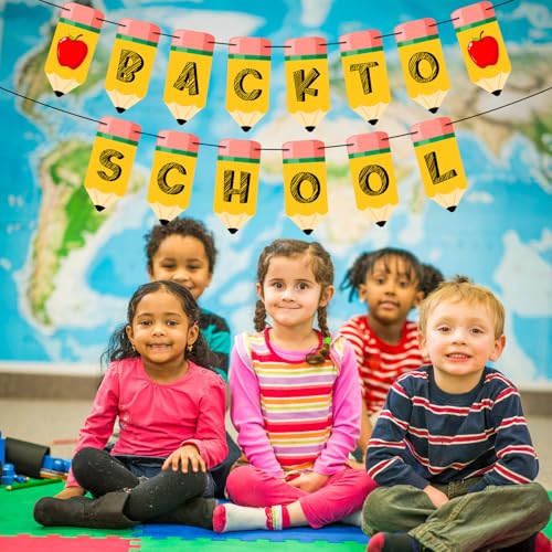 Image of Welcome Back to School Banner First Day of School Garland Pencil Apple Classroom Decorations for Teacher Kindergarten Preschool Classroom Office Home Decor Photo Backdrop Party Favors