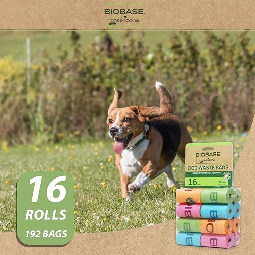 Image of Biobase by Greenbone Dog Poop Bags - 16 Rolls (192 Bags), Cornstarch-Based, Durable, Fits Most Dispensers