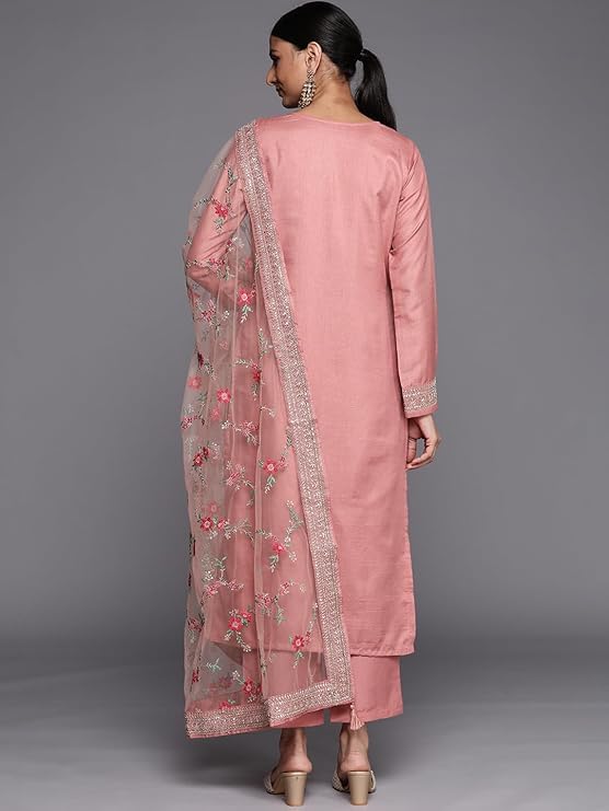 Image of Libas Woven Design Silk Blend Straight Kurta With Trouser and Dupatta