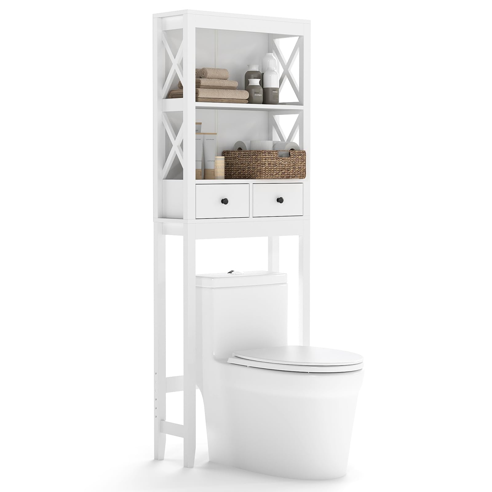COSTWAY Estante de Almacenamiento sobre Inodoro, Organizador de Baño Independiente con Estantes Abiertos, Cajones y Barra Inferior Ajustable, 60 x 20,5 x 165 cm, Blanco