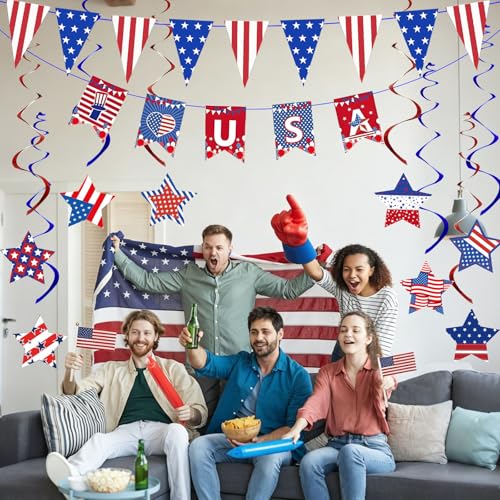 Image of 4th of July Decorations for Independence Day with USA Banner, Red White and Blue Decorations with Pennant Banner Flags, Hanging Star for Patriotic Decoration
