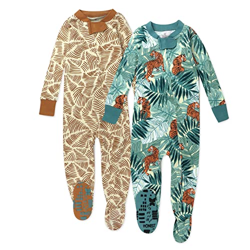 Image of HonestBaby 2-pack Non-slip Footed Pajamas One-piece Sleeper Jumpsuit Zip-front Pjs 100% Organic Cotton for Baby Girls, Tiger Time, 12 Months