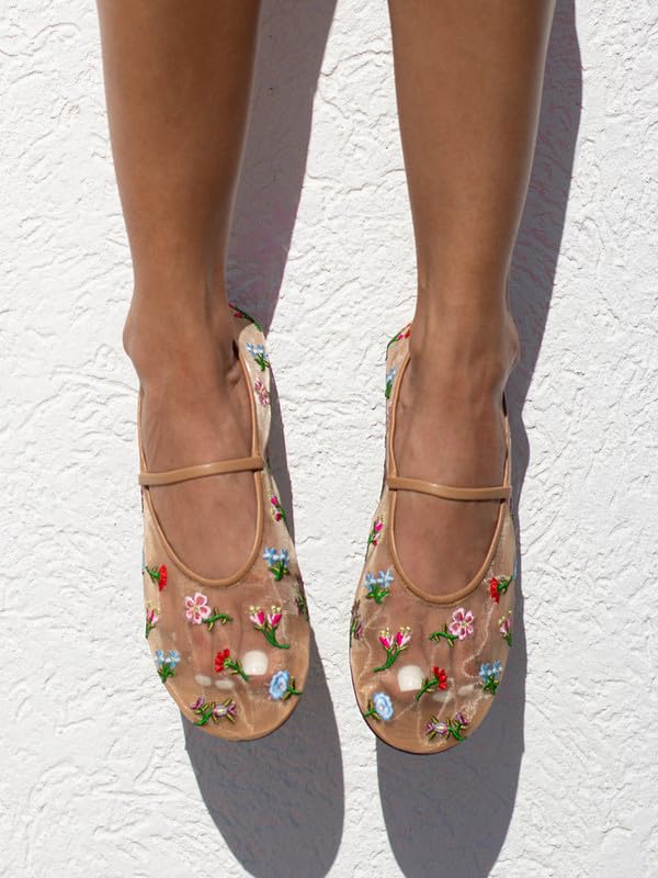 Image of Nude Mesh Ballet Flats for Women Tulle Floral Embroidered Mary Jane Ballerina Round Toe Comfortable Daily Dress Ballet Flats Shoes with Strap