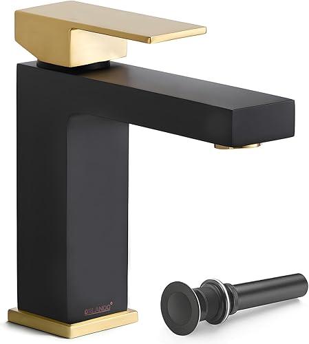 ORLANDO - Grifo de baño negro y dorado con un solo agujero, grifo de lavabo de baño de una sola manija, grifo de tocador de latón con línea de