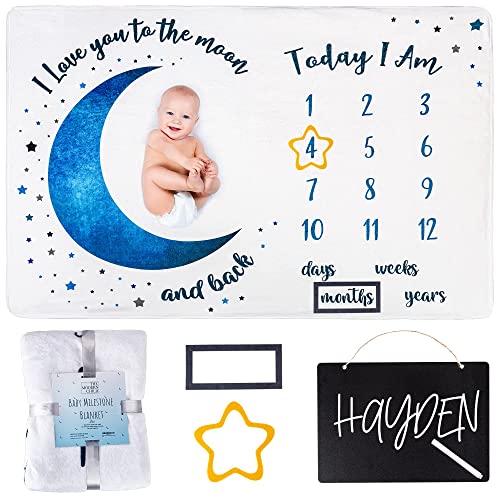Image of Baby Milestone Blanket - Monthly Milestone Blanket for Baby Boy - Personalized Newborn Growth Chart - Customized Soft Photography Background - Includes Chalkboard kit & 2 Felt Props - 60x40