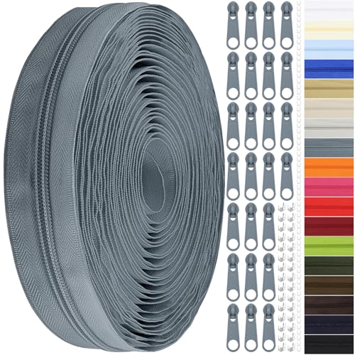 Endlos Reissverschluss mit Zipper 3mm 11m Nylon Endlosreißverschluss Meterware und 25 Zipper aus Metall für Kleidung Tasche Mäppchen Bettwäsche (Dunkelgrau #3)