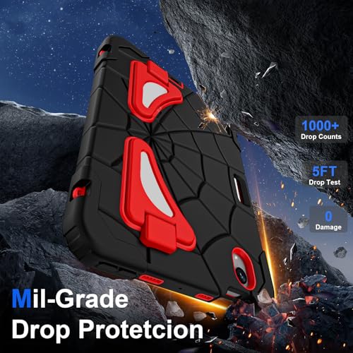 Image of Kids Case for iPad Mini 7 A17 Pro 2024 / Mini 6 8.3 inch, Spider Case for iPad Mini 7th 6th Generation, Shockproof Durable Full Protective Cover with Pencil Holder, Kickstand (Black+Red)