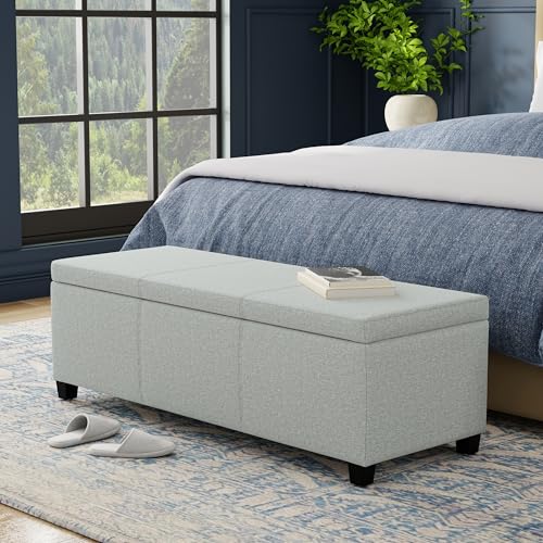 Image of SIMPLIHOME Avalon 48 inch Wide Linen Look Fabric Storage Ottoman in Grey