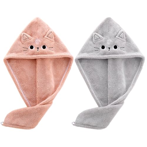 KIGOTWIN 2Pack Microfiber Hair Towel Wrap for Kids Cute Cat Absorbent Hair Drying Turbans Head Towels for Women Girls (Pink and Gray cat)