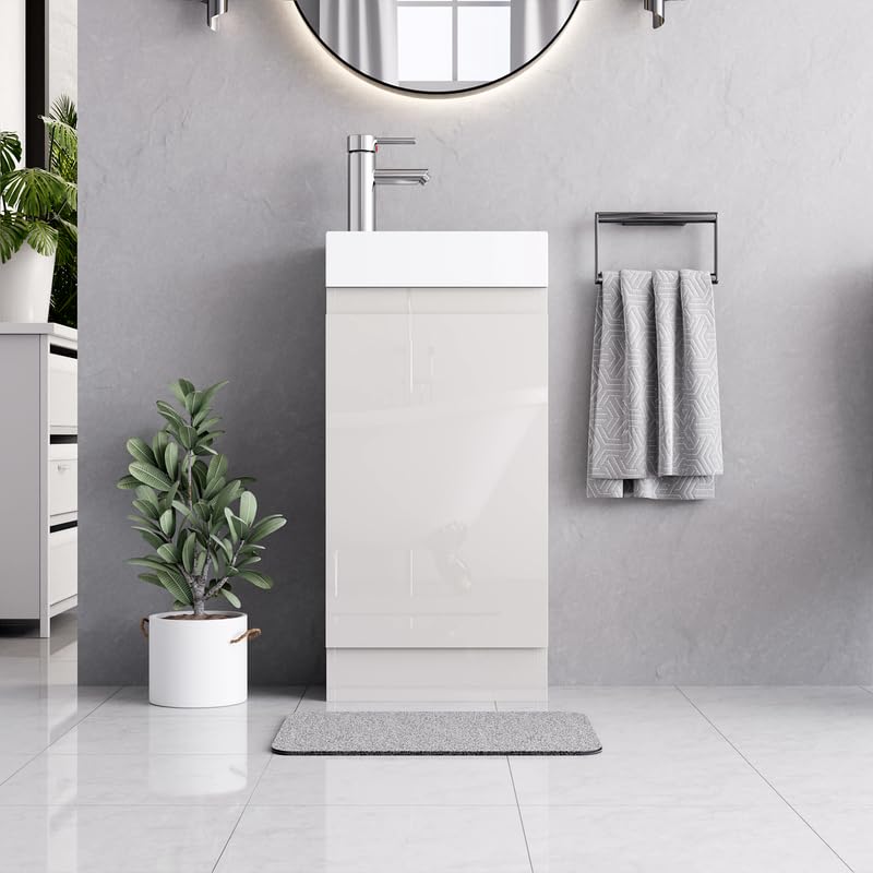 Denvor White 400mm Floor Standing Bathroom Vanity Unit With Basin - Laquered Cloakroom Vanity Unit with 1 Tap Hole Ceramic Basin and Soft Close Hinges with WASTE INCLUDED