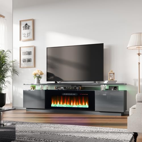 Image of AMERLIFE 80 inch High-Gloss Fireplace TV Stand with 40 inch Electric Fireplace | Gray /Black LED TV Console, Modern Living Room Entertainment Center, Fits TVs up to 90 inch, 2 Cabinets, 2-Tier Storage Space