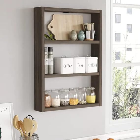 VARS DECOR Wall-Mounted Kitchen Rack, 1 Shelf, Rustic Wooden Shelf, Kitchen Island, Bookcase, Spice Rack Organizer, Bathroom Cabinet, Wine Board
