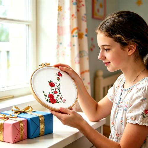 Image of Flowers Cat Embroidery Kits for Beginners Adults, Cute Hand Embroidery Starters Kits, Floral Stamped Cross Stitch Kits Needlepoint Kits for Beginners Adults, Embroidery Hoop, Thread and Video Tutorial