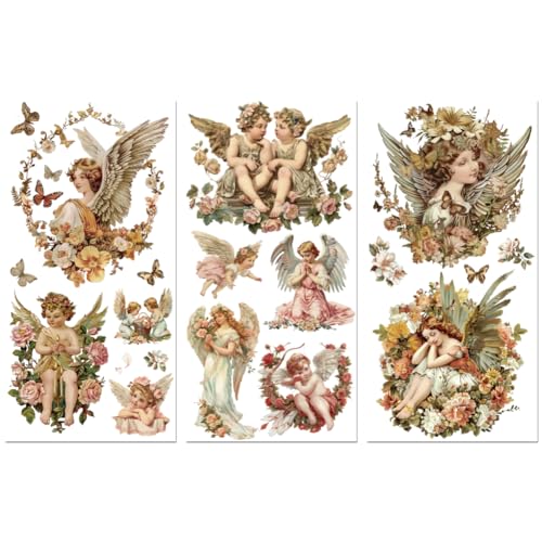 Peacoblue Décalcomanies à Ruban pour Meubles Artisanat Anges Vintage 15x30 cm, 3pcs Décalcomanies Waterproof UV DTF pour Commode, Coffres à Lingerie,...