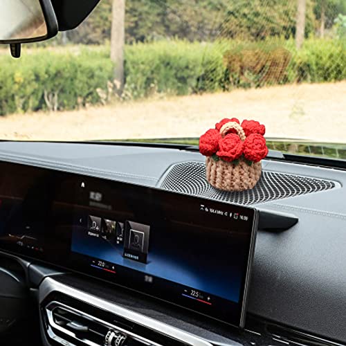 Flower Car Plant Decor Rear View Mirror Hanging Accessories, Crochet Red Rose Plant Car Accessories Ornaments, Car Decorations Interior Aesthetic #TOP2