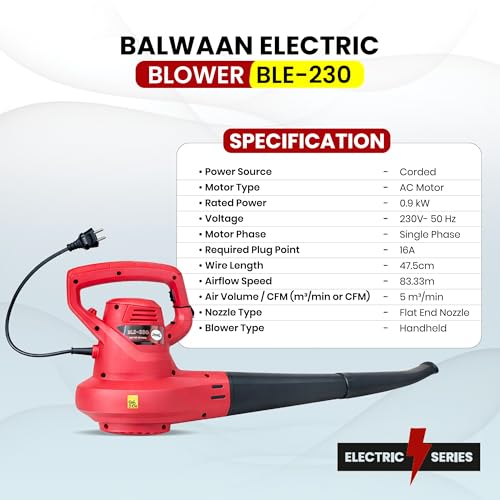 Image of Balwaan Krishi Heavy Duty Electric Leaf Blower Machine 0.9 Kw | 300 km /h High-Speed Air Blower | Ideal for Leaf Blowing & Dust Cleaning | BLE-230
