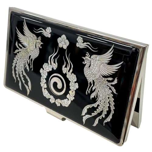 Image of Mother of Pearl Business Card Case Credit Id Name Holder Travel Wallet Art Painting Design Metal Stainless Steel Engraved Slim Purse Pocket Cash Money Wallet (Phoenix)