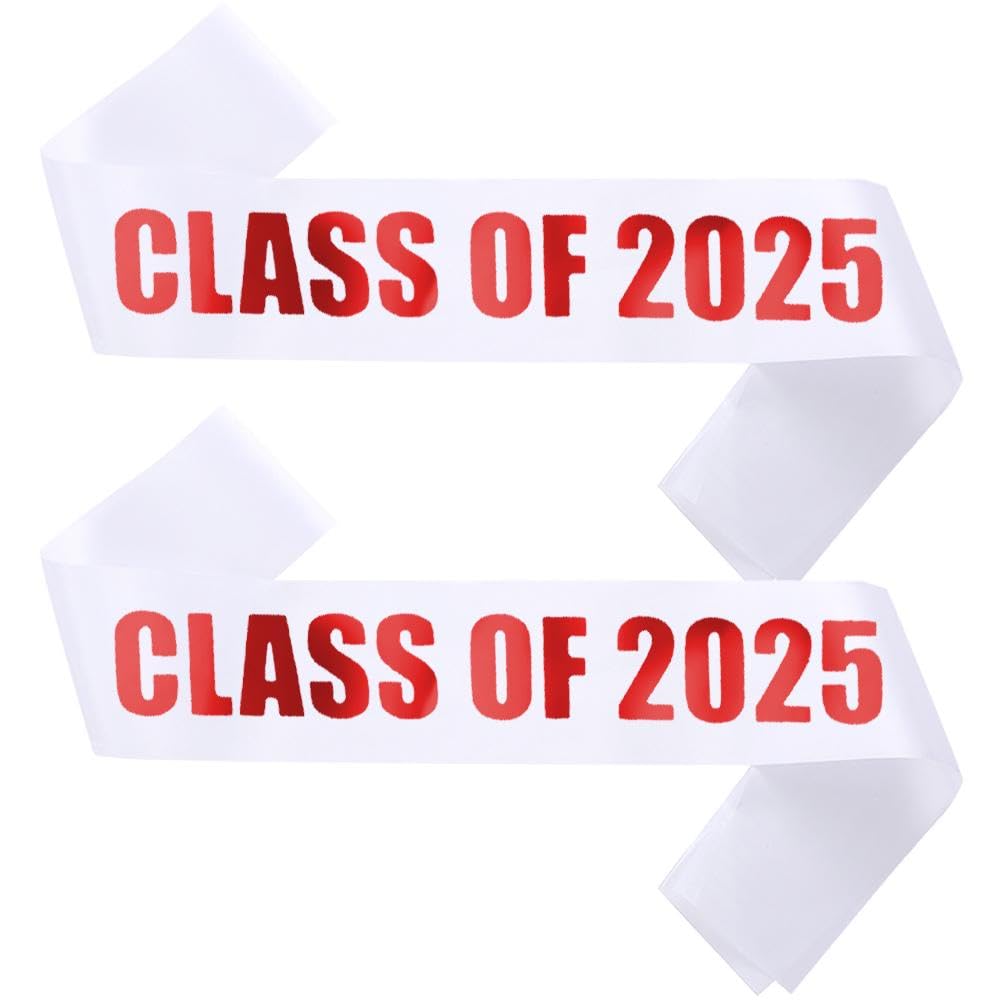 Conggluuo Class of 2025 Sash, 2PCS White Sash with Red Foil Letters Cheerleader Senior Sash 2025 for Graduation Party Supplies White Red 2pcs