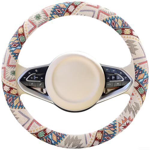 Glewi Funda para volante de lino antideslizante, transpirable, diseño étnico para coches redondos en forma de D, ajuste 36-38 cm, color marrón caramelo, fácil y rápido de usar (3)
