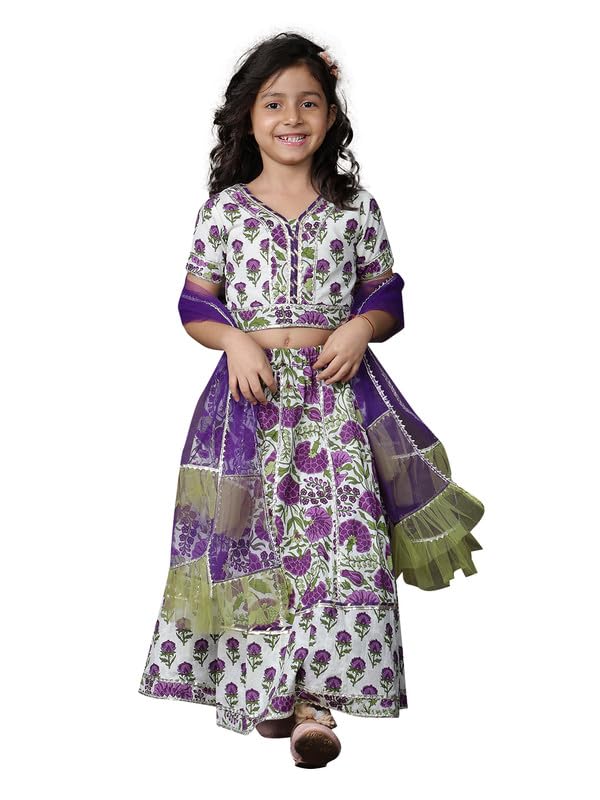 Image of superminis Girls Cotton Floral Printed Gotta Work 3 /4 Sleeves Flared Design Kurti & Sharara Set