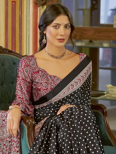 Image of SAREE MALL Women's Ajrkh Print Satin Crepe Polka Dot Printed Saree With Unstitched Blouse Piece