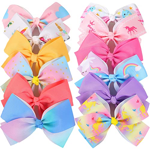 12PCS 5 Inch Hair Bows for Girls Alligator Clips Grosgrain Ribbon Unicorn Rainbow Big Bows Clips Hair Barrettes Accessories for Little Girls Kids Toddlers Teens,12 Count (Pack of 1)