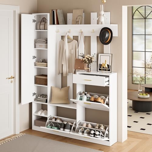 Ojjxh Garderobenset Wandgarderobe Flurgarderobe Set mit Kippfach Schuhkippern und Spiegel Garderoben Set mit Haken Türen und Schublade Kompaktgarderobe Weiß Flurschrank für Flur 133x23 5x180cm