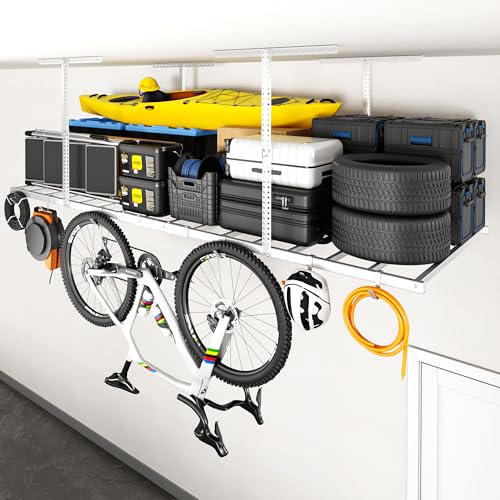 Image of FLEXIMOUNTS 4x8 Overhead Garage Ceiling Storage Rack with 6 Hooks, White