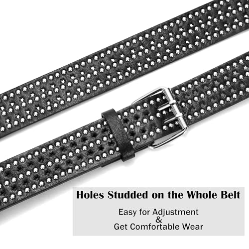 Image of Studded Belts for Women, Black Leather Belt for Jeans with Double Star Holes