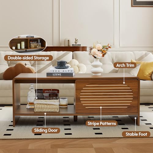 Image of 43.3 inch Mid Century Modern Coffee Table with Storage, Curved Profile Wood Coffee Table with Sliding Arched Door, Farmhouse Center Table Rectangle Coffee Table for Living Room, Office, Walnut