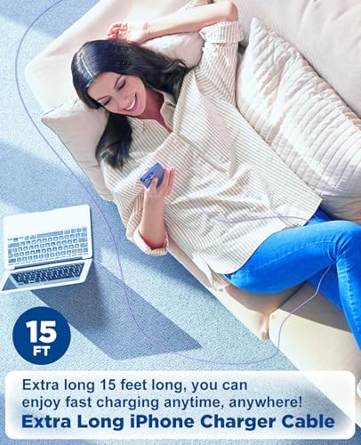 Image of Extra Long USB C Cable Fast Charging 15FT, [MFi Cerytified] Long USB A to USB C Cable for iPhone 16 15 Charger Cord 5m,Type C Cable C Charger for iPhone 16 15 Pro Max /16 15 Plus /iPad /Samsung (Purple)
