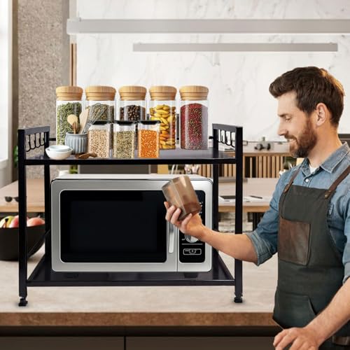 Image of REMANENCE 2 Tier Metal Microwave Stand || Microwave & OTG Stand for Kitchen Counter|| Double Platform for Extra Storage with Hooks|| Kitchen Oven Rack