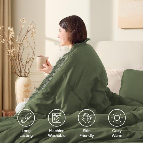 Image of Andency Comforter Oversized King Olive Green 120x98, 3 Pieces Boho Winter Lightweight Bedding Comforter Sets, All Season Tassel Bed Set (1 Comforter & 2 Pillowcases)