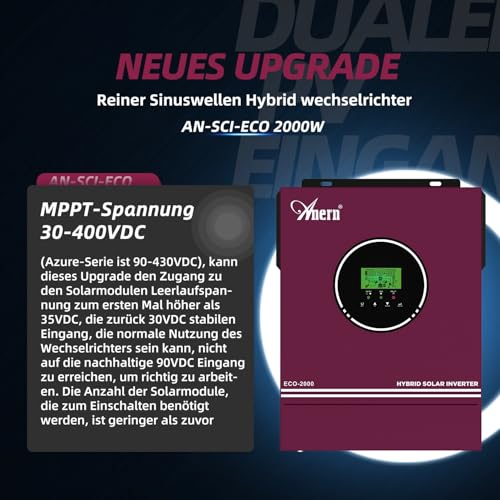 Anern 2000W Hybrid Wechselrichter Solar 12VDC auf 220V/230VAC mit Solarregler 80A, Reiner Sinus Wechselrichter PV 30~400 V, für 12V Lithium Batterien