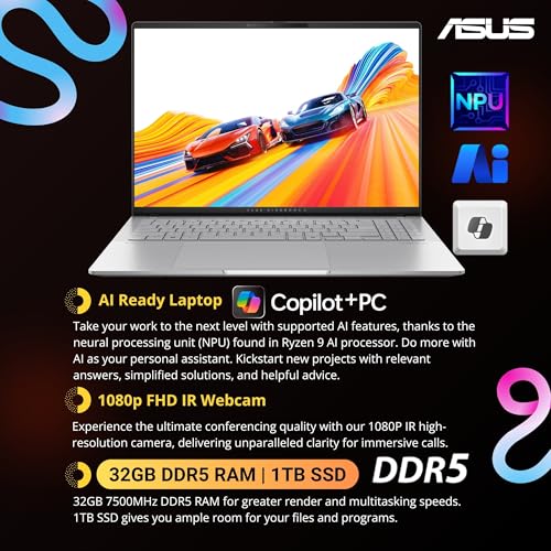 Image of ASUS Vivobook S16 AI Ready Laptop, 16 inch 120Hz 3.2K OLED Display, AMD Ryzen AI 9 365(>i9-13900H, 5GHz), Copilot+PC, RGB Backlit Keyboard, Dolby, Silver, Windows 11 Pro(32GB 7500MHz DDR5 RAM | 1TB SSD)