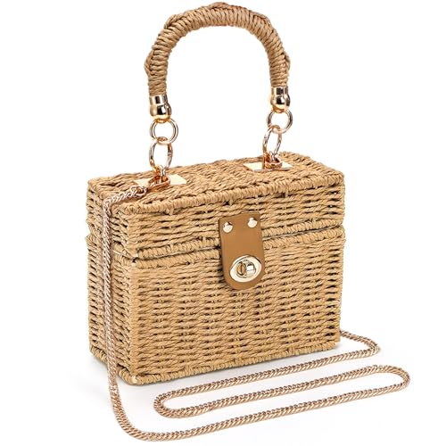Bolso de mano cuadrado de paja vintage para mujer
