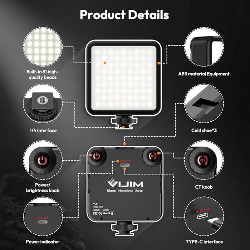 ULANZI VL81 Videoleuchte 81 LEDs Videolicht mit Cold Shoe, Foto Licht 3200K-5600K Farbtemperatur Helligkeit Einstellbar CRI 95+, 3000mAh Akku Kamera Licht für Fotografie YouTube Videoaufnahme