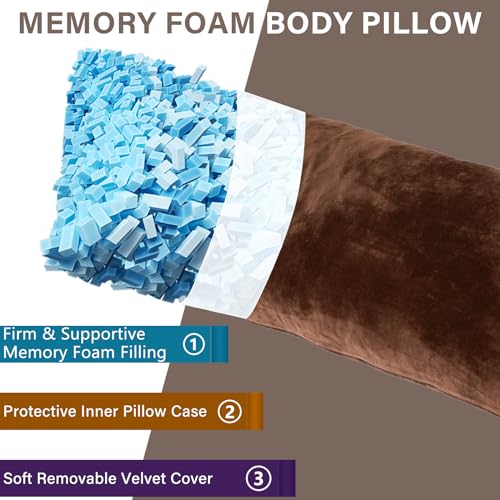 Body Pillow, Memory Foam Body Pillows for Adults Sleeping, Long Pillow for Bed, Big Large Firm Full Body Pillow for Side Sleeper, 20x54 Inch, Coffee