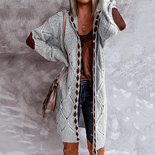 Plus Size Hooded Cardigans for Women Casual Elbow Patches Long Sleeve Cable Knit Long Open Front Cardigan Sweater Coat2